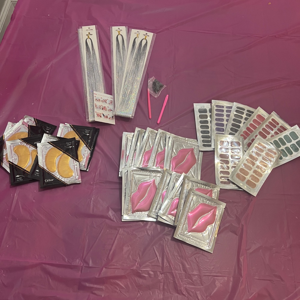 Spa day activities- lip masks, under eye patches, press on nails, glitter hair